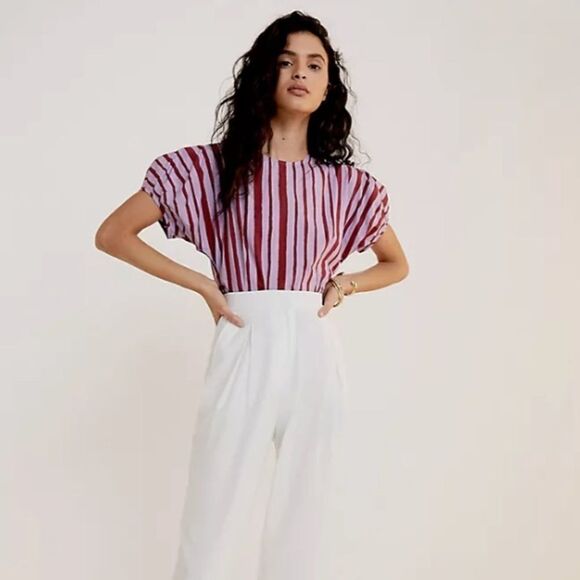 New Anthro Mignon Doo Lina Poplin Stripe Blouse - Picture 5 of 6